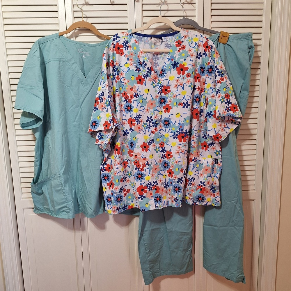 Butter-Soft Stretch & Tafford 3pc Scrub Set Womens 4X Teal Solid Floral V-Neck
